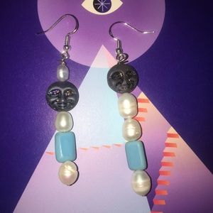 Moon and sea earrings- Asymmetrical semiprecious handmade sterling silver
